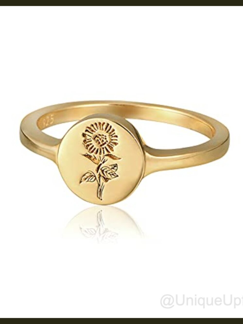925 Sterling Silver Sunflower Ring, 14K Gold Plated Engraved Signet Ring